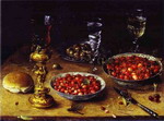 still life with cherries and strawberries in porcelain bowls.