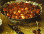 still life with cherries and strawberries in porcelain bowls. detail.