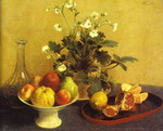 still-life. flowers, bowl of fruit and pitcher. (nature morte. fleurs, compotier et carafe).
