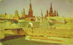 view of the moskvoretsky bridge, the kremlin and the pokrovsky cathedral.