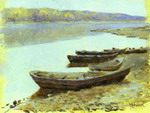 Landscape on the Volga. Boats by the Riverbank.