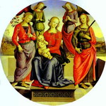 The Virgin and Child Surrounded by Two Angels, St. Rose, and St. Catherine.