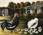 rooster and hen with chickens.