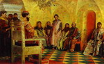 tzar mikhail fedorovich holding council with the boyars in his royal chamber.