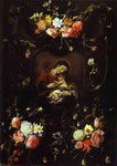 Floral Wreath with the Virgin and Child.