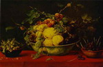 fruits in a bowl on a red tablecloth