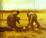 peasant man and woman planting potatoes.