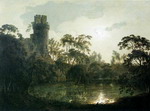 Moonlight with a Lake and Castellated Tower.