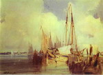 French River Scene with Fishing Boats.