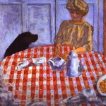 the red-checkered tablecloth.