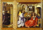 The Annunciation. (The Merode Altarpiece). The left and central panels of the triptych.