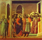 Maestà (back, central panel): Jesus Mocked.