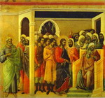 Maestà (back, central panel): Jesus Before Caiaphas.