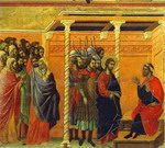 maest锟斤拷 (back, central panel): jesus before pontius pilate.