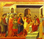 Maestà (back, central panel): Jesus Before King Herod.