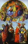 coronation of the virgin with the saints john the evangelist, augustine, jerome and eligius.